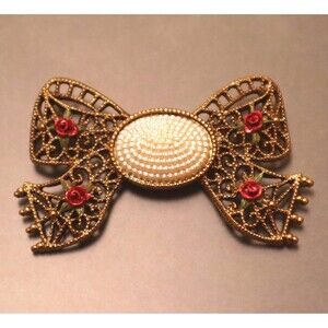 Vintage 1928 Jewelry Bow Brooch Filigree Faux Pearls & Enamel Roses
